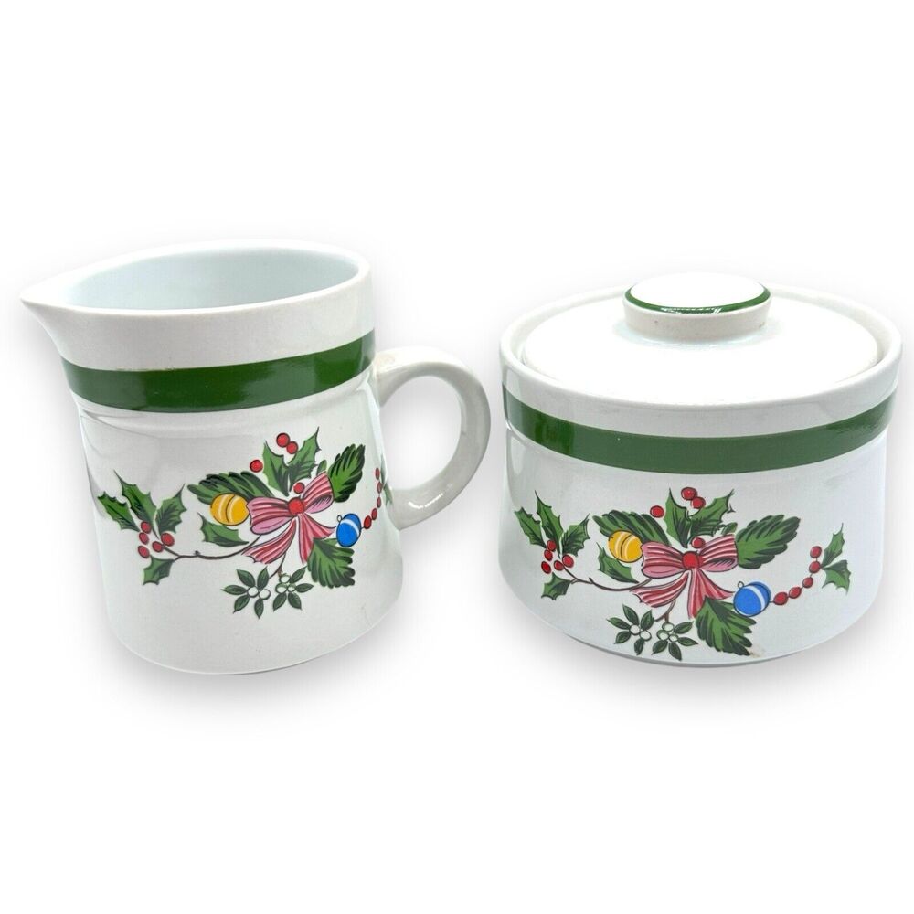 Vintage Christmas Sugar And Creamer Set Yamaka Stoneware MCM Japan Kitsch